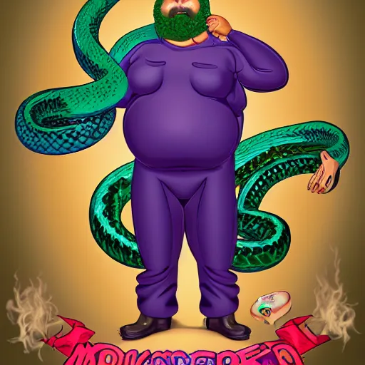 Image similar to hyperreal morbidly obese 2000kilo snake oil salesman wearing authentic purple green sip tech cowboy augmentation and curly snake moustache, fat man standing in front of blank background