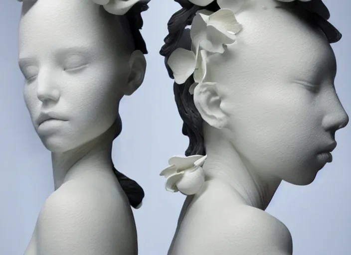 Prompt: full head and shoulders, beautiful female porcelain sculpture by daniel arsham and raoul marks, smooth, all white features on a white background, delicate facial features, white eyes, white lashes, detailed white 3 d giant poppies on the head