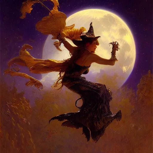 Image similar to witch flying, trough the night, fantasy, full moon in background. highly detailed painting by gaston bussiere, craig mullins, j. c. leyendecker 8 k