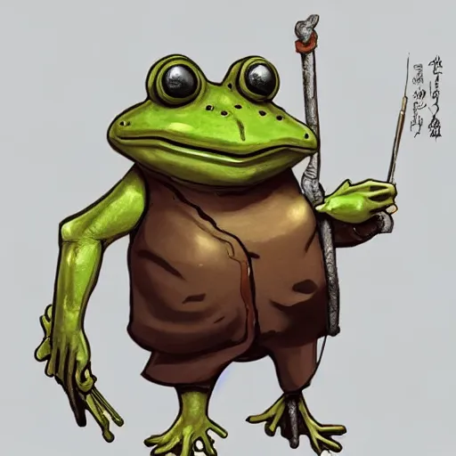 Prompt: A oldman frog holding himself with a staff. Artstation, Hiroaki Tsutsumi style