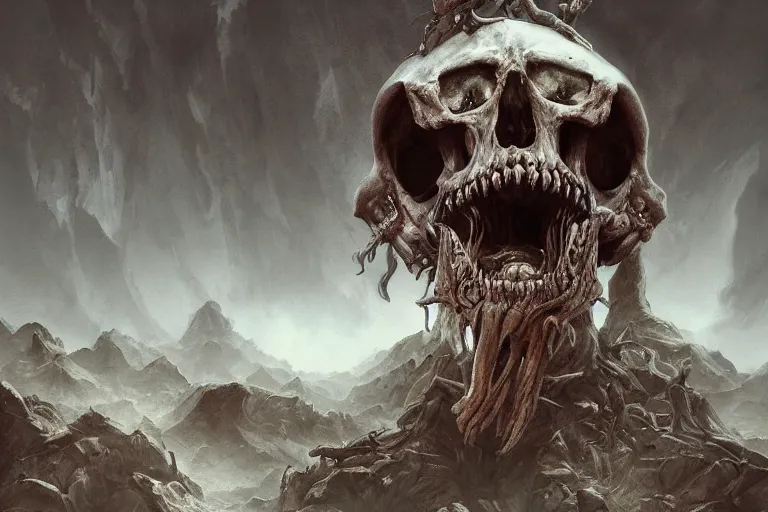 Image similar to giant skeletal ghoul devouring a mountain of skulls, digital painting, mixed media, trending on artstation and deviantart, epic composition, highly detailed, 8 k