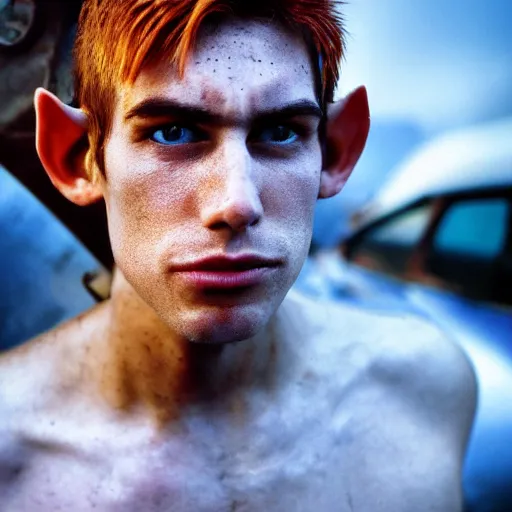 Image similar to close up headshot of a skinny high-fantasy elf with a long face narrow chin and spiky blonde hair wearing dark brown overalls and holding a bomb next to a destroyed car, gel spiked hair, high resolution film still, HDR color