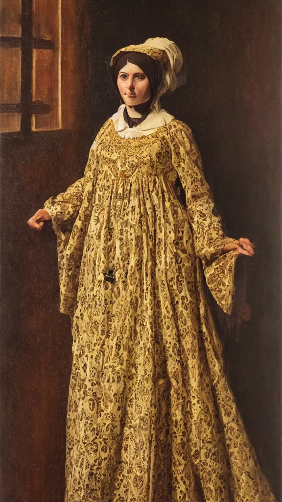 Image similar to portrait of a lady in byzantine costume in the style of ferdinand keller ( 1 8 4 2 - 1 9 2 2 ), oil on canvas, 4 k resolution, mysterious