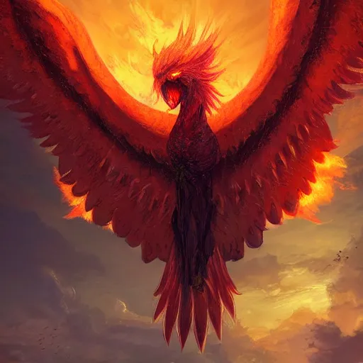 Prompt: a brightly flaming phoenix spreading its majestic wing on the sky above a medieval city seen from the street, digital art, highly detailed, dark colors, moody lighting, 8 k, intricate, trending on artstation, by greg rutkowski