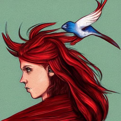 Image similar to Digital painting of a red haired rogue duel wielding scimitars on the helm of a boat with a spectral bird on her shoulder