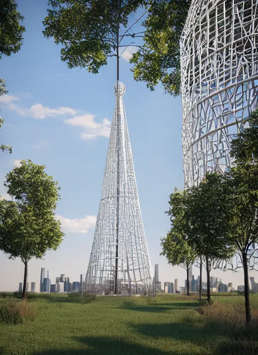 Image similar to highly detailed realistic architecture 3 d render of a stele shukhov tower standing in a city park, archdaily, made in unreal engine 4 octane render