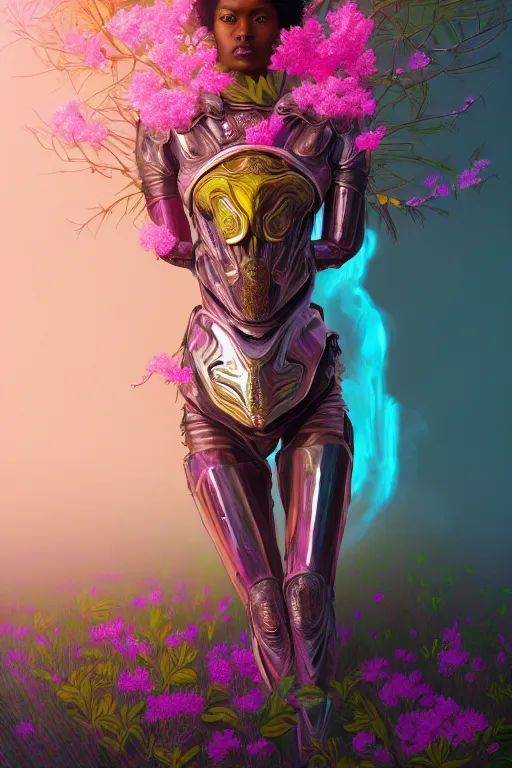 Prompt: illustration neo - renaissance cinematic super expressive! yoruba goddess with exoskeleton armor, merging with tree in a forest, pink yellow flowers, highly detailed digital art masterpiece, smooth etienne sandorfi eric zener dramatic pearlescent soft teal light, ground angle uhd 8 k, sharp focus