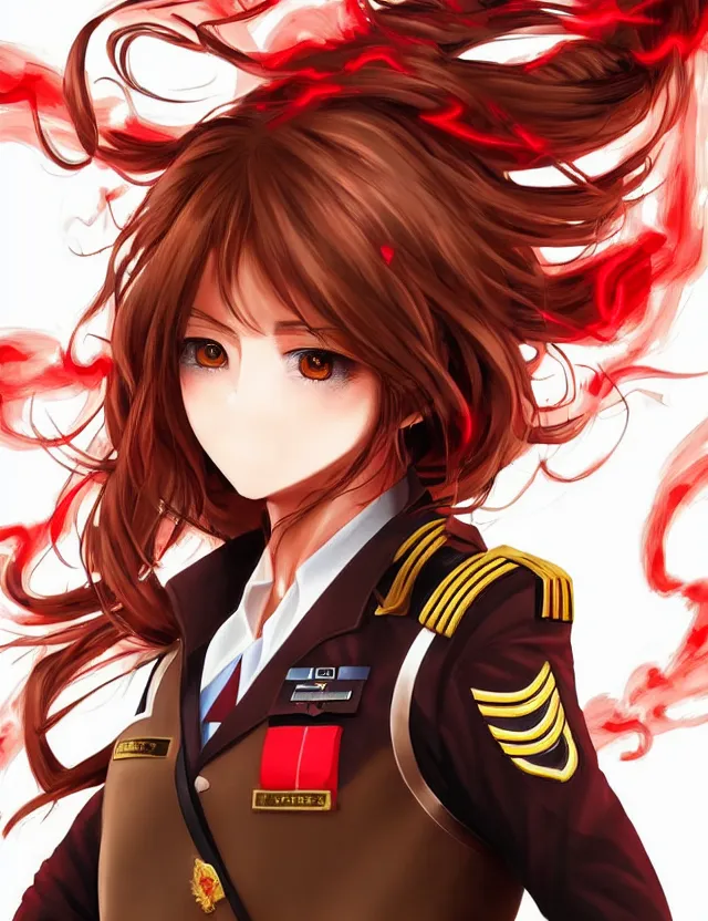 Prompt: a detailed manga portrait of a beautiful brown haired woman in a military uniform glowing with swirling red energy, trending on artstation, digital art, 4 k resolution, detailed, high quality, sharp focus, hq artwork, coherent, insane detail, character portrait