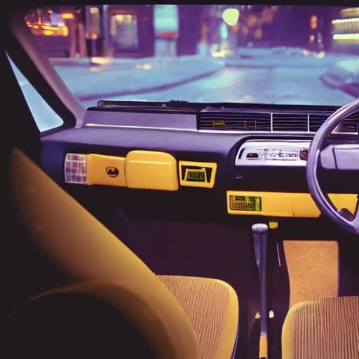 Prompt: photo of a 9 0 s fiat panda interior at night, with neon lights in the background, 3 5 mm