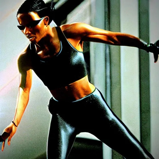 Image similar to Trinity the matrix, Femaile sprinter in athletic attire with cyborg legs, diesel punk, athletic footage, 1980's, olympics, cinematic, art deco