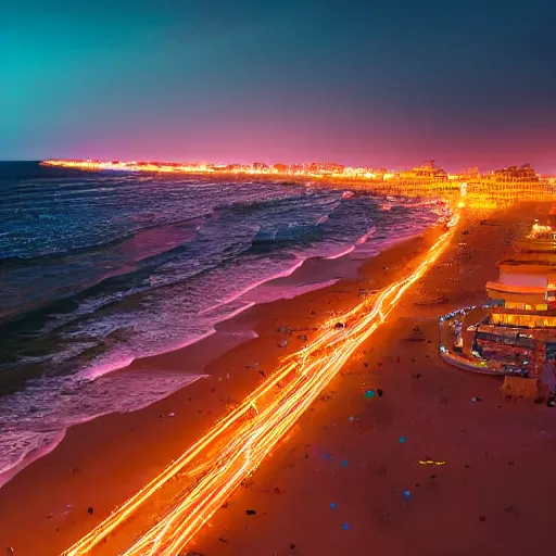 Image similar to ocean beach at night, drone footage, vaporwave style, nightglow, neon signs 8 k shot on dslr