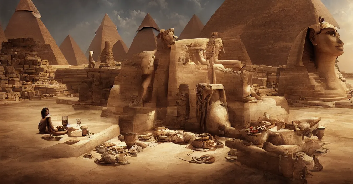 Prompt: egyptian sphinx dinner hamburger at macdonald's, photorealism, lots of detail, super sharp images, visual plasticity, shading in vray, raytracing, style of bastien lecouffe deharme