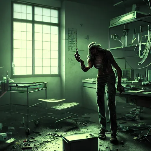 Prompt: tired drug addict holding a knife in an abandoned cyberpunk medical lab, ultra realistic, concept art, intricate details, eerie, highly detailed, photorealistic, octane render, 8k, unreal engine, art by Bjorn Hurri