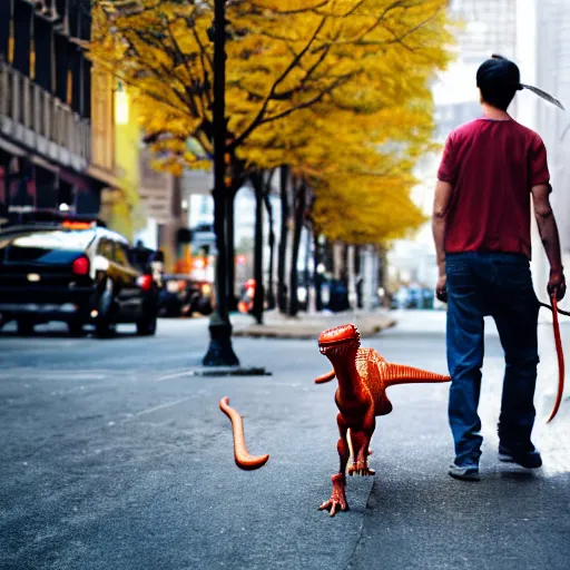 Prompt: a man walking his pet dinosaur on the streets of new york, photography, movie still, dslr 5 5 mm, 4 k