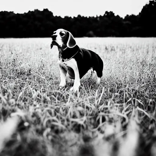 Image similar to beagle in a field, movie still, photography, DSLR 35mm, low light photography,