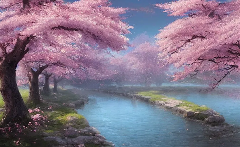 Image similar to japanese cherry blossom trees by a river, fantasy digital painting by greg rutkowski, by james gurney, trending on artstation, highly detailed