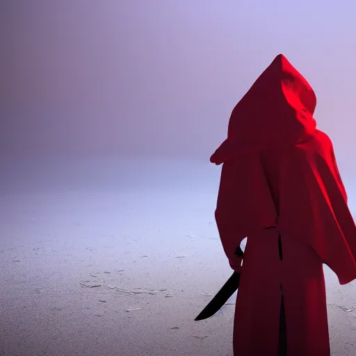 Prompt: view from the back warrior holding two swords, full body worn out damaged cape, red hoodie, worn out clothes, floating sand, concept art, volumetric light, full body shot, 8K, trending on artstation