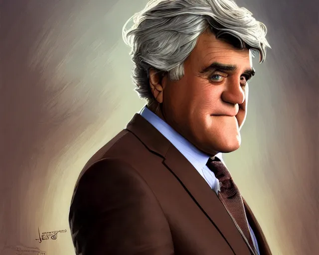 Image similar to close up of jay leno wearing a brown suit and necktie, focus, d & d, intricate, elegant, highly detailed, digital painting, artstation, concept art, matte, sharp focus, illustration, hearthstone, art by artgerm and greg rutkowski and alphonse mucha