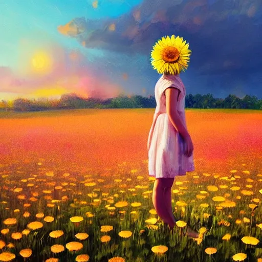 Prompt: head made of giant daisies, girl standing barefoot in a vast flower field, arms outstretched, surreal photography, sunrise dramatic light, impressionist painting, colorful clouds, large sky, digital painting, artstation, simon stalenhag, flower face