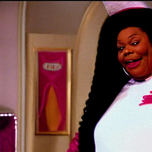 Prompt: film still from sister act 2 with Deloris Van Cartier obese