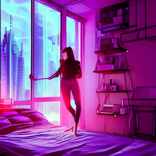 inside a girl room, cyberpunk vibe, neon glowing