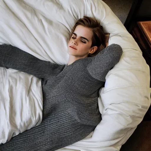 Image similar to emma watson sleeping in a bunch of cozy beds