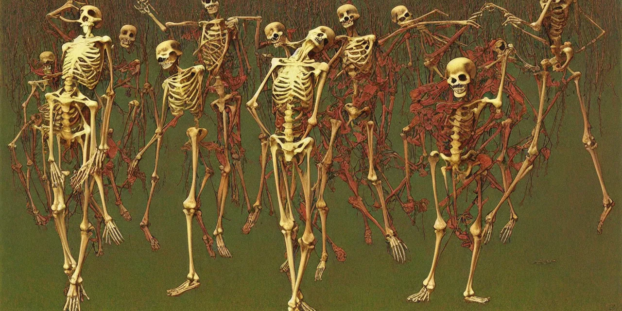 Image similar to eastern european springtime skeleton dancing by zdzisław beksinski and gustave dore and alphonse mucha