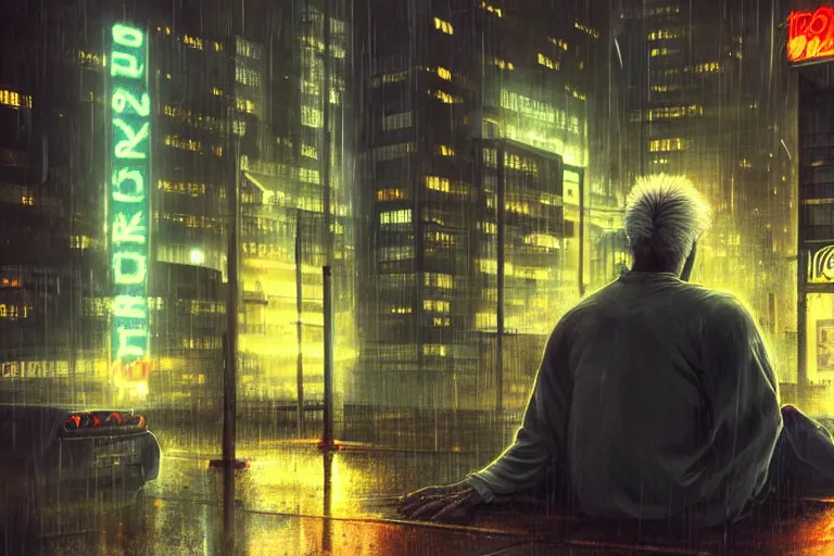 Image similar to roy batty with a bare torso sits in the lotus position with his head bowed in the rain on the roof of a building in the cyberpunk future, around neon signs, a little haze, night, realistic proportions, anime style ghost in armor