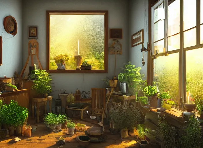 Prompt: interior view of a cluttered herbalist cottage, waxy candles, wood furnishings, herbs hanging, light bloom, dust, ambient occlusion, rays of light coming through windows, oil painting
