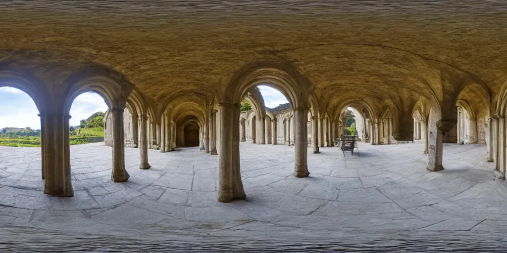 Prompt: high quality 3 6 0 ° image in equirectangular projection of a cloister of a cistercian monastery