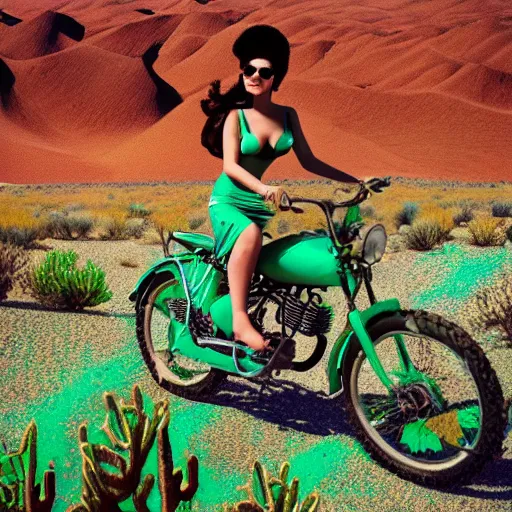 Image similar to the perfect woman riding a bike in the dessert, its raining green acid that melts the mountains around