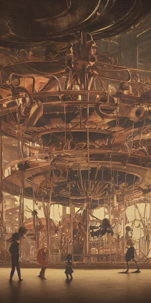 Prompt: a wideangle colorchrome shot of robot children in a detailed merry-go-round inside a old industrial flooded car factory, beautiful cinematic atmospheric lightning, octane 8k render