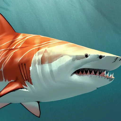 Image similar to great white shark with orange and white striped traffic cones instead of fins, underwater background detailed atmospheric - ron cheng & alphonse mucha, highly detailed, digital painting, ray tracing, concept art, illustration, smooth sharp focus, intricate, symmetry, artstation,