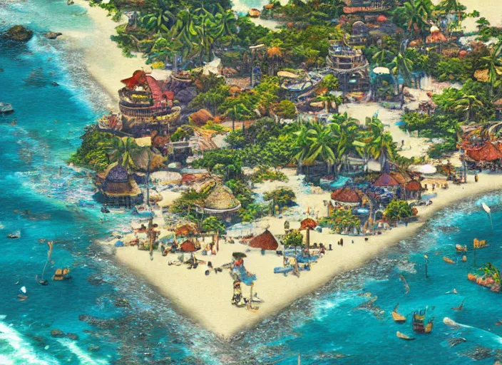 Image similar to Fantasy tropical port town close-up view of the beach. hidari, color page, tankoban, 4K, tone mapping, Akihiko Yoshida.