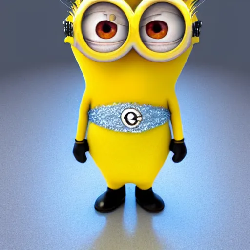 Image similar to Yellow minion from despicable me, dressed as Princess Elsa from Frozen Disney, 3d ray tracing, HD, rendered, highly detailed model, centered, full body shot, wide angle lens