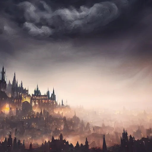 Image similar to fantasy dark medieval gothic cityscape on hill, painting, lights, darkness, lanterns, fog, people in the streets, small buildings, city wall, smoke, dark fantasy, magic the gathering, blue tint, detailed, sharp focus, hyperrealistic, fantastic artwork, 4 k, artstation, high fantasy, volumetric lighting, strong contrast, dark sky, far shot