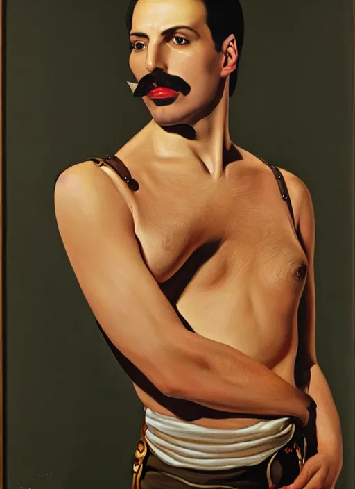 Image similar to a portrait painting of Freddie Mercury by John Currin