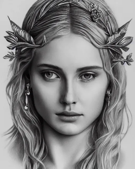 Image similar to pencil drawing of a beautiful greek goddess aphrodite wearing a laurel wreath and arrowhead earrings, beautiful confident and piercing eyes, beautiful blonde hair, hyper realistic face, in the style of greg rutkowski, fantasy, amazing detail, epic, elegant, smooth, sharp focus, from the front