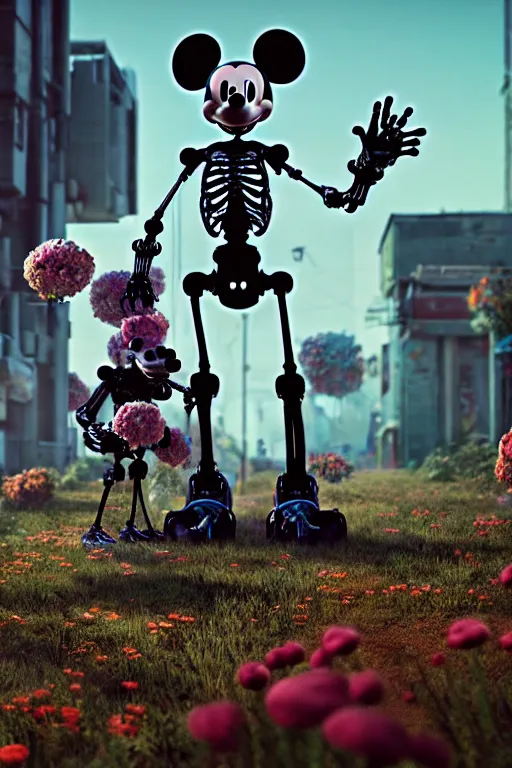 Image similar to a skeletal, mickey mouse made out of flowers and bones, walking with a robot, in the cyberpunk countryside, drones flying by beeple, nychos and arcimboldo, cinematic lighting, highly detailed octane render