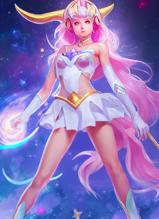 Image similar to full body portrait of a magical star guardian. detailed face, concept art, intricate, highly detailed 8 k, smooth, sharp focus, beautiful and aesthetic shape of face and body, artgerm, artstation, art by zexi guo and nira and junpei suzuki and gharliera and rinotuna