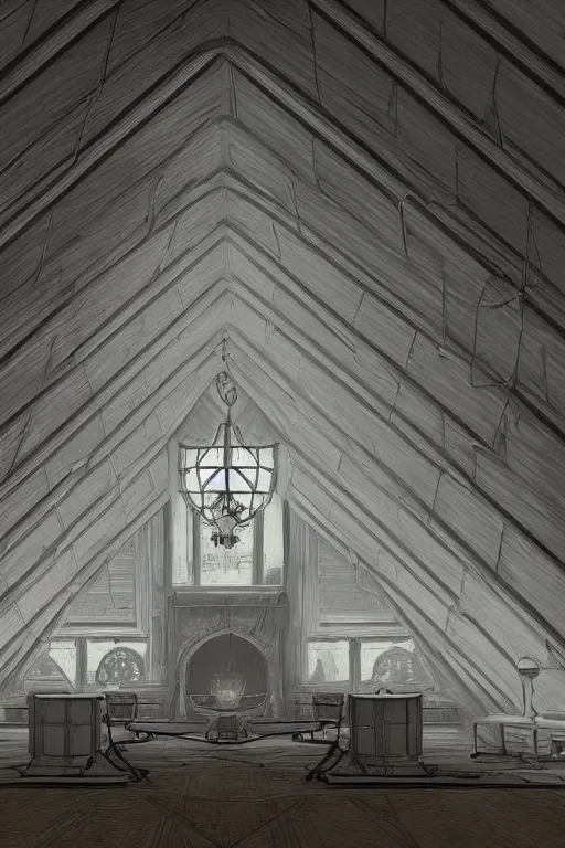 Image similar to a realistic detail of triangular attic with three domed windows, the middle one larger than the two sides, france in the 1 8 th century, shining star, raining, goth, wide - angle lens, by syd mead, francois boucher, unreal engine 5