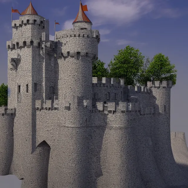 Image similar to complex 3 d render, hyper realistic, looking close up at a well maintained castle