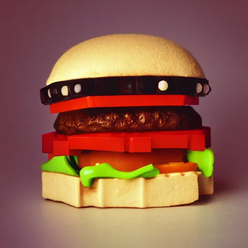 Image similar to a LEGO hamburger, photograph in a dark room, low light 35mm