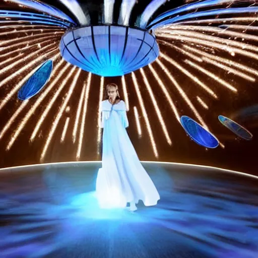 Prompt: emma watson floating in a beam of blue light underneath a silver flying saucer at night,