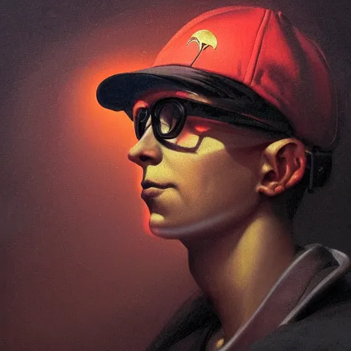 Prompt: a baroque neoclassicist close - up side profile portrait of a colorful retrofuturistic blacklight uv silhouette of an alien cyborg boy with a baseball hat and glasses, glowing fog in the background. renaissance portrait painting. highly detailed science fiction painting by norman rockwell, frank frazetta, and syd mead. rich colors, high contrast, gloomy atmosphere, dark background. trending on artstation