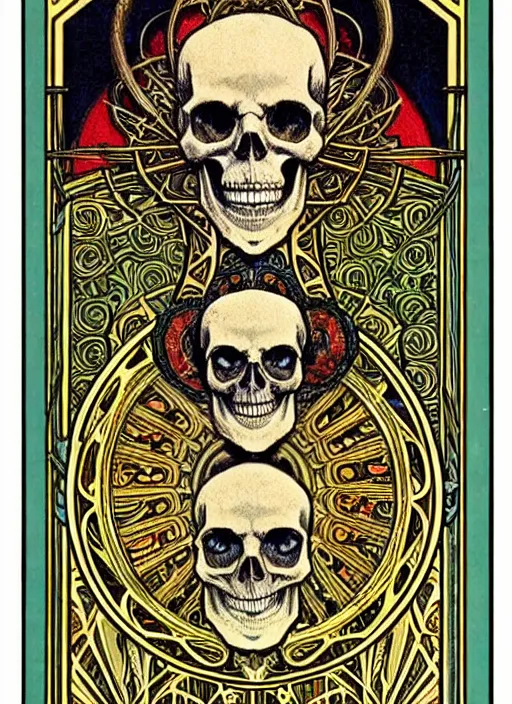 Image similar to symmetry!! a tarot card with a skull, intricate, highly detailed, ornate, aesthetic, alphonse mucha