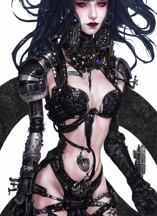 Prompt: portrait of cute beautiful young goth maiden in bikini armor, cyberpunk, Warhammer 40000, gothic, highly detailed, artstation, illustration, art by Gustav Klimt and Range Murata
