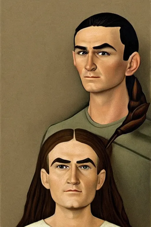 Image similar to ultra realistic pelegolas face portrait in the style of grant wood