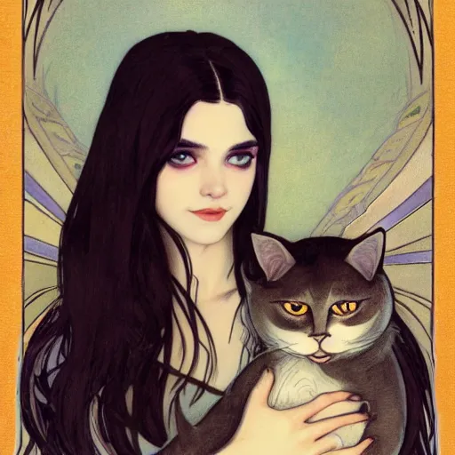 Prompt: cute goth girl with long dark hair parted sideways thick eyebrows and dark eyes, she is holding a cat in her arms, by juan villafuerte, greg rutkowski and alphonse mucha, pexels contest winner, high quality photo, rtx, hd