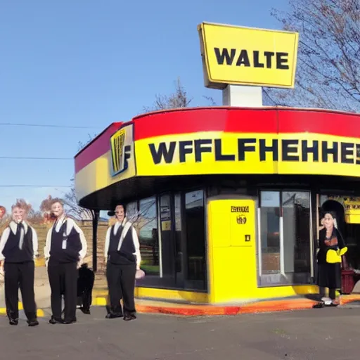 Image similar to wafflehouse employee's standing below wafflehouse sign